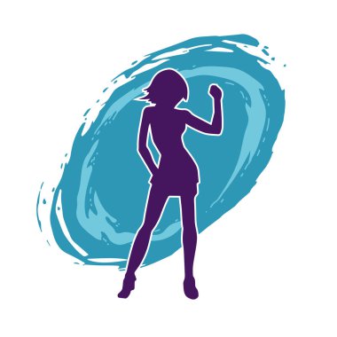 Hareketli pozlarda mini etek giyen bir kadın dansçının silueti. Zayıf bir kadının silueti mutlu bir şekilde dans ediyor..