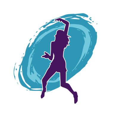 Hareketli pozlarda mini etek giyen bir kadın dansçının silueti. Zayıf bir kadının silueti mutlu bir şekilde dans ediyor..