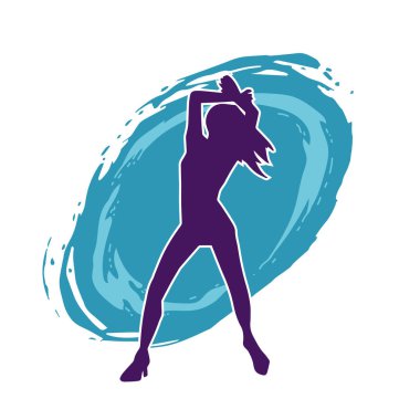 Hareketli pozlarda mini etek giyen bir kadın dansçının silueti. Zayıf bir kadının silueti mutlu bir şekilde dans ediyor..