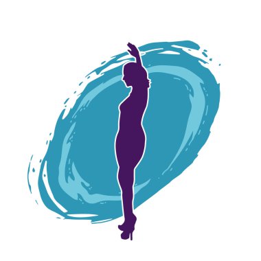 Hareketli pozlarda mini etek giyen bir kadın dansçının silueti. Zayıf bir kadının silueti mutlu bir şekilde dans ediyor..