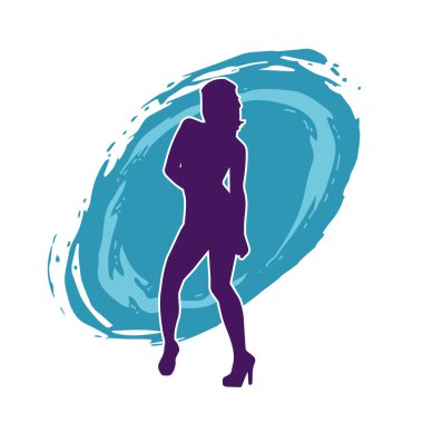 Hareketli pozlarda mini etek giyen bir kadın dansçının silueti. Zayıf bir kadının silueti mutlu bir şekilde dans ediyor..