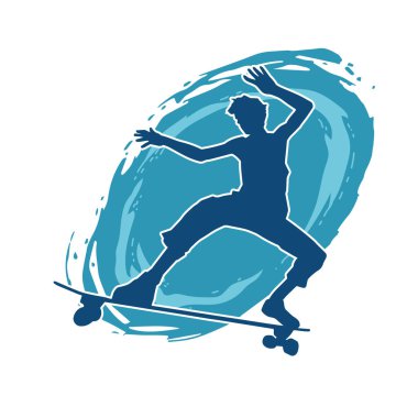 Hareket halindeki bir erkek silueti kaykay üzerinde poz veriyor. Kaykaylı bir şehir çocuğunun silueti..