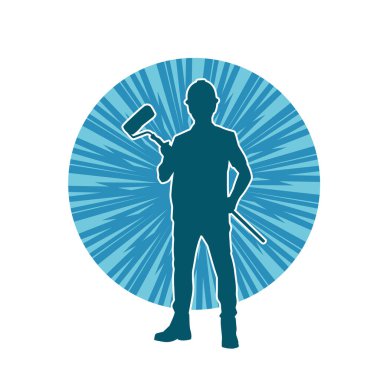 Boya işi yapan bir erkek işçinin silüeti. Bir iç ressamın silueti..