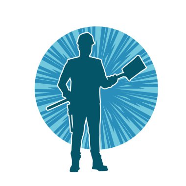 Kürek taşıyan bir işçinin silüeti. Bir işçinin hareket halindeki silueti kürek aracı kullanarak poz verir.