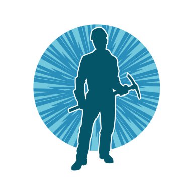 Görev sırasında baltayla dolaşan işçi kostümlü bir adamın silüeti. Bir madencinin hareket halindeki silueti balta aracı ile poz verir.