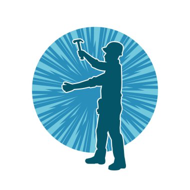 Çekiç aleti taşıyan bir işçinin silüeti. Hareket halindeki bir işçinin silueti çekiç aleti ile poz verir.