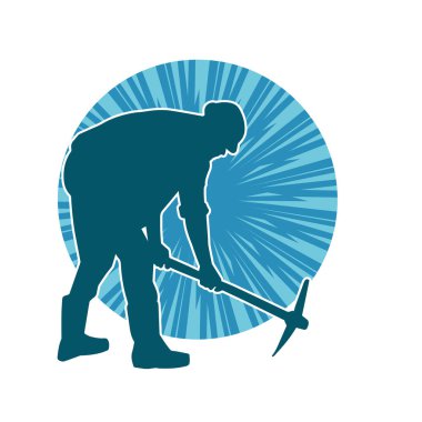 Görev sırasında baltayla dolaşan işçi kostümlü bir adamın silüeti. Bir madencinin hareket halindeki silueti balta aracı ile poz verir.