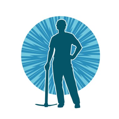 Görev sırasında baltayla dolaşan işçi kostümlü bir adamın silüeti. Bir madencinin hareket halindeki silueti balta aracı ile poz verir.