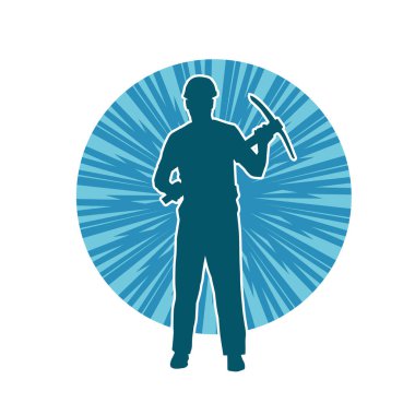 Görev sırasında baltayla dolaşan işçi kostümlü bir adamın silüeti. Bir madencinin hareket halindeki silueti balta aracı ile poz verir.