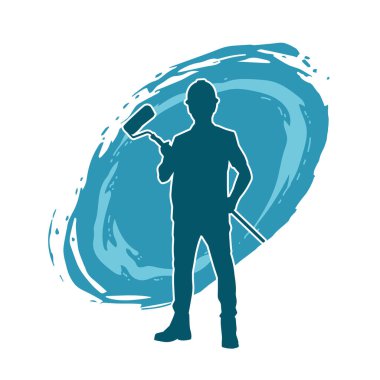 Boya işi yapan bir erkek işçinin silüeti. Bir iç ressamın silueti..