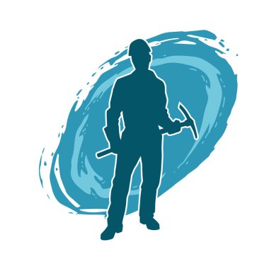 Görev sırasında baltayla dolaşan işçi kostümlü bir adamın silüeti. Bir madencinin hareket halindeki silueti balta aracı ile poz verir.