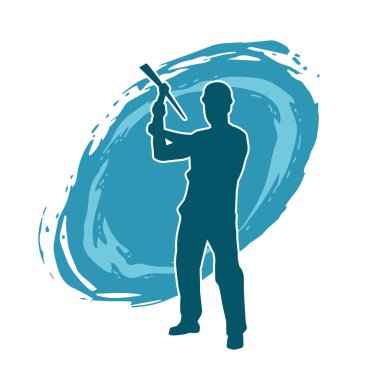 Görev sırasında baltayla dolaşan işçi kostümlü bir adamın silüeti. Bir madencinin hareket halindeki silueti balta aracı ile poz verir.