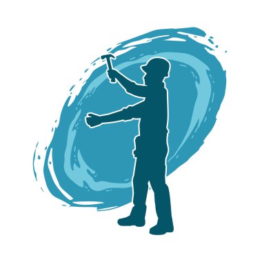 Çekiç aleti taşıyan bir işçinin silüeti. Hareket halindeki bir işçinin silueti çekiç aleti ile poz verir.