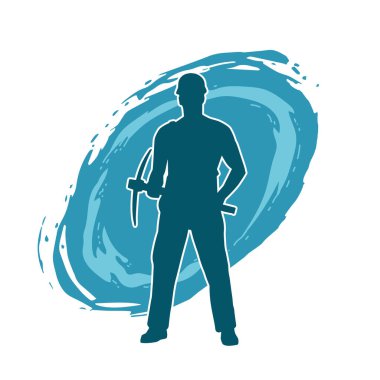 Görev sırasında baltayla dolaşan işçi kostümlü bir adamın silüeti. Bir madencinin hareket halindeki silueti balta aracı ile poz verir.