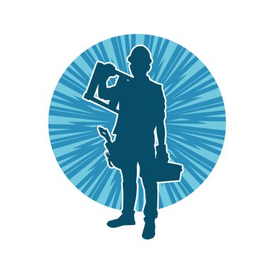 İnşaat işçisi kostümlü bir adamın silueti. İnşaat işçisinin silueti pozda.. 