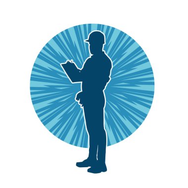 İnşaat işçisi kostümlü bir adamın silueti. İnşaat işçisinin silueti pozda.. 