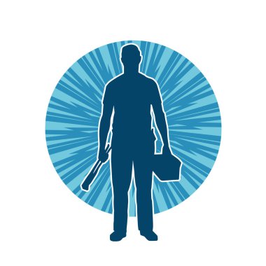 İnşaat işçisi kostümlü bir adamın silueti. İnşaat işçisinin silueti pozda.. 