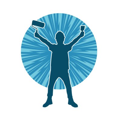 Boya işi yapan bir erkek işçinin silüeti. Bir iç ressamın silueti..