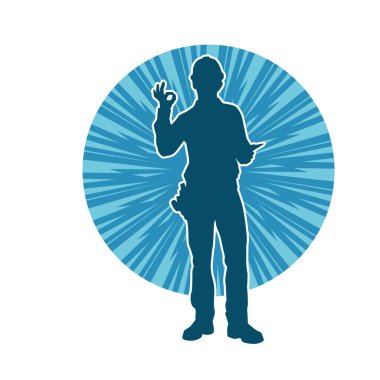 İnşaat işçisi kostümlü bir adamın silueti. İnşaat işçisinin silueti pozda.. 