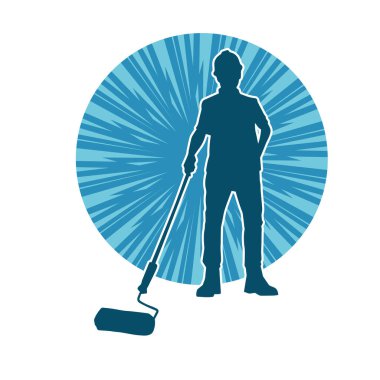 Boya işi yapan bir erkek işçinin silüeti. Bir iç ressamın silueti..