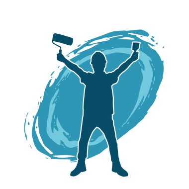 Boya işi yapan bir erkek işçinin silüeti. Bir iç ressamın silueti..