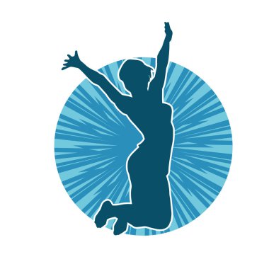 Neşeli bir şekilde atlayan mutlu, zayıf bir kadının silueti.