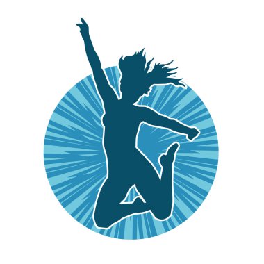 Neşeli bir şekilde atlayan mutlu, zayıf bir kadının silueti.