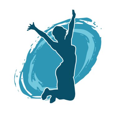 Neşeli bir şekilde atlayan mutlu, zayıf bir kadının silueti.