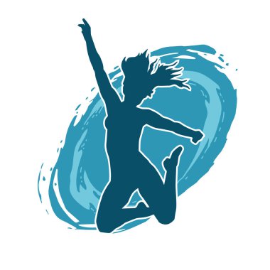 Neşeli bir şekilde atlayan mutlu, zayıf bir kadının silueti.