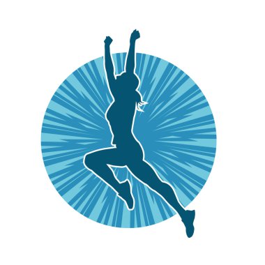 Mutlu bir kadının silueti atlama pozu. Bir kız modelin silueti sıçrar.