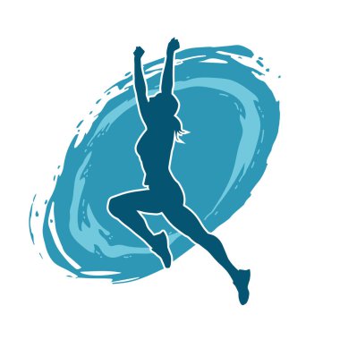 Mutlu bir kadının silueti atlama pozu. Bir kız modelin silueti sıçrar.