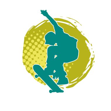 Hareket halindeki bir erkek silueti kaykay üzerinde poz veriyor. Kaykaylı bir şehir çocuğunun silueti..