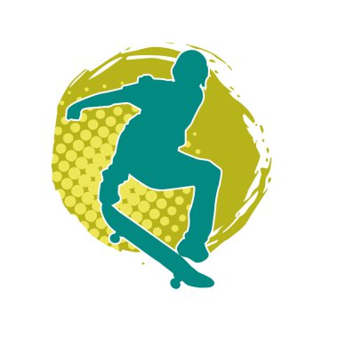 Hareket halindeki bir erkek silueti kaykay üzerinde poz veriyor. Kaykaylı bir şehir çocuğunun silueti..