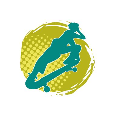 Hareket halindeki bir erkek silueti kaykay üzerinde poz veriyor. Kaykaylı bir şehir çocuğunun silueti..