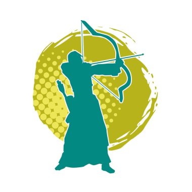 Hareketli erkek okçu savaşçısının silueti. Okçuluk silahı taşıyan bir adamın silueti..