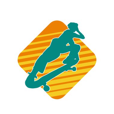 Hareket halindeki bir erkek silueti kaykay üzerinde poz veriyor. Kaykaylı bir şehir çocuğunun silueti..