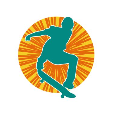 Hareket halindeki bir erkek silueti kaykay üzerinde poz veriyor. Kaykaylı bir şehir çocuğunun silueti..