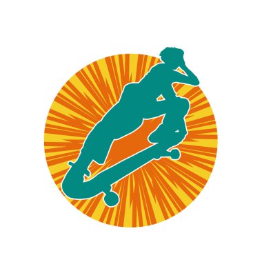 Hareket halindeki bir erkek silueti kaykay üzerinde poz veriyor. Kaykaylı bir şehir çocuğunun silueti..