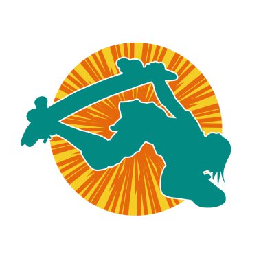 Hareket halindeki bir erkek silueti kaykay üzerinde poz veriyor. Kaykaylı bir şehir çocuğunun silueti..