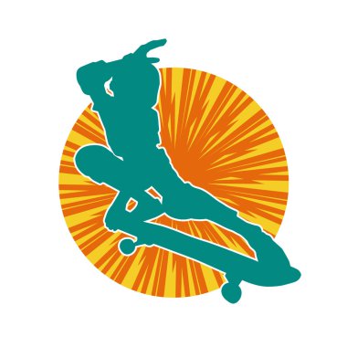 Hareket halindeki bir erkek silueti kaykay üzerinde poz veriyor. Kaykaylı bir şehir çocuğunun silueti..