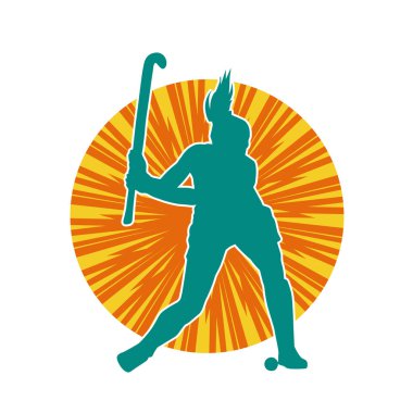 Çim hokeyi oynayan kadın atlet silueti. Çim hokeyi oynayan bir kadının silueti..