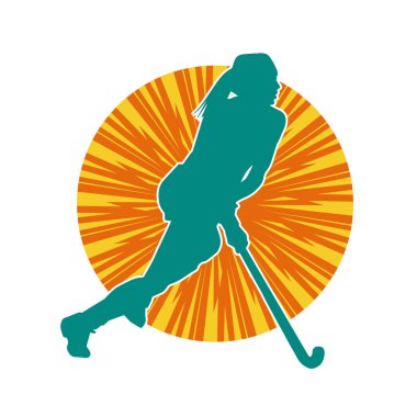 Çim hokeyi oynayan kadın atlet silueti. Çim hokeyi oynayan bir kadının silueti..