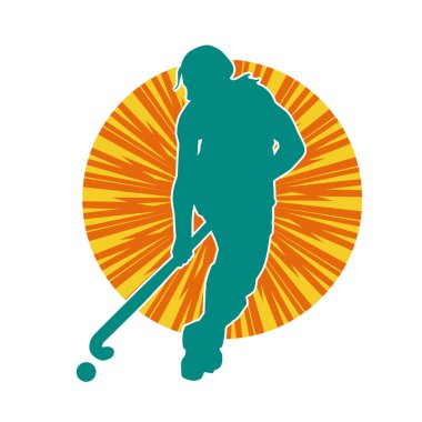 Çim hokeyi oynayan kadın atlet silueti. Çim hokeyi oynayan bir kadının silueti..