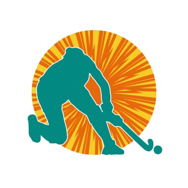 Çim hokeyi oynayan kadın atlet silueti. Çim hokeyi oynayan bir kadının silueti..