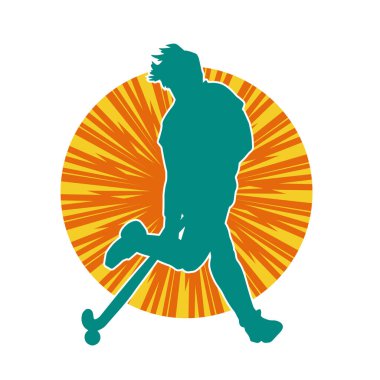 Çim hokeyi oynayan kadın atlet silueti. Çim hokeyi oynayan bir kadının silueti..