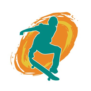 Hareket halindeki bir erkek silueti kaykay üzerinde poz veriyor. Kaykaylı bir şehir çocuğunun silueti..