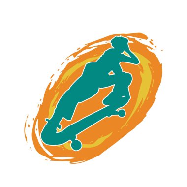 Hareket halindeki bir erkek silueti kaykay üzerinde poz veriyor. Kaykaylı bir şehir çocuğunun silueti..