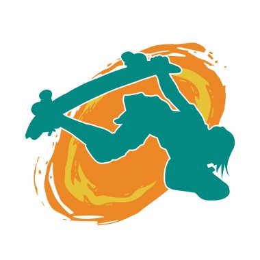 Hareket halindeki bir erkek silueti kaykay üzerinde poz veriyor. Kaykaylı bir şehir çocuğunun silueti..