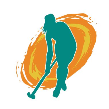 Çim hokeyi oynayan kadın atlet silueti. Çim hokeyi oynayan bir kadının silueti..