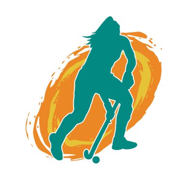 Çim hokeyi oynayan kadın atlet silueti. Çim hokeyi oynayan bir kadının silueti..